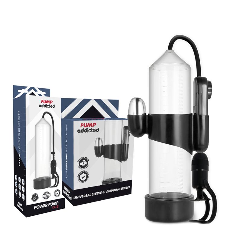Pompa per pene con accessori neri e confezione. Scritta: Pump Addicted - Rx5.