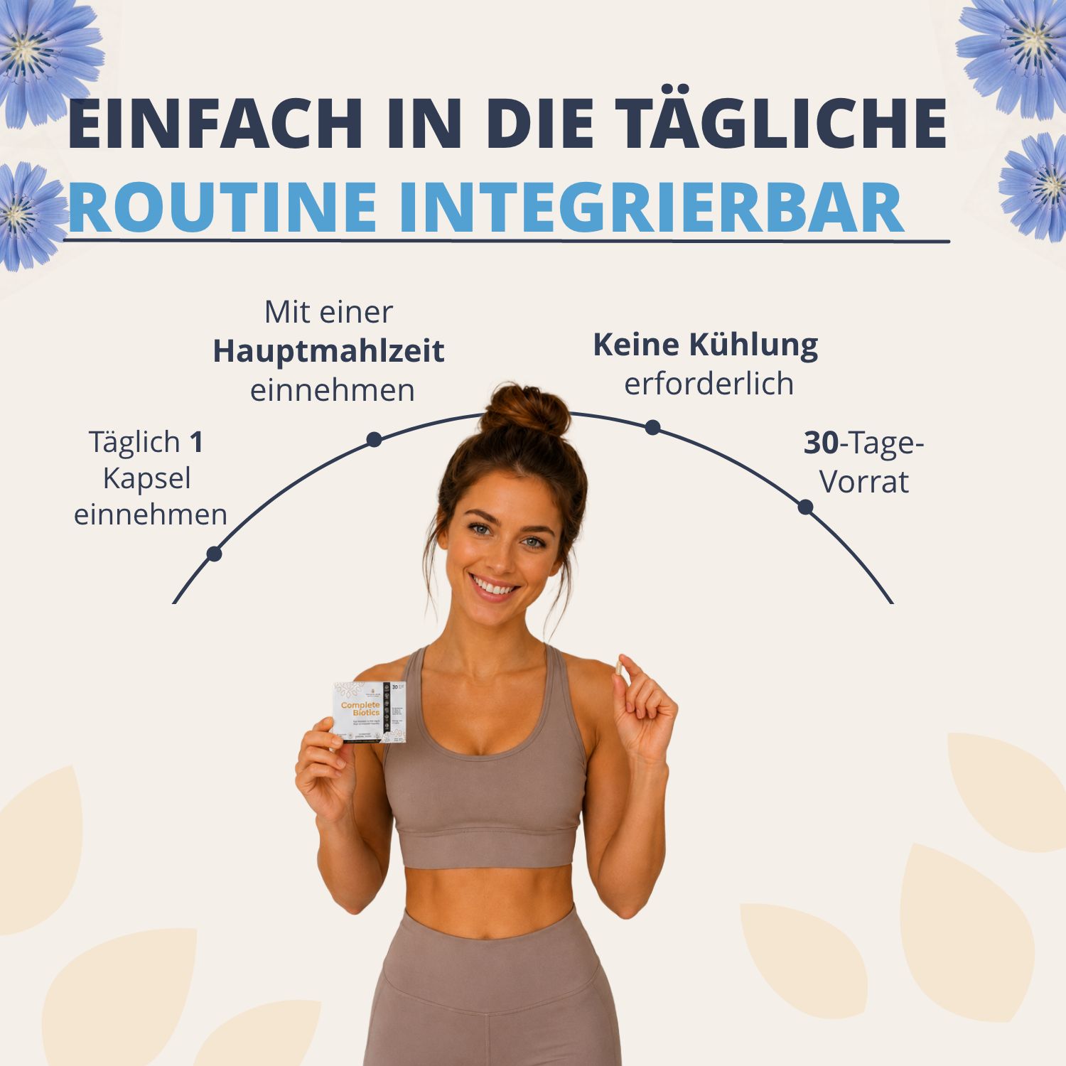 Donna integra Golden Tree Complete Biotics nella sua routine: 1 capsula/giorno, con pasto, non refrigerare, scorta 30 giorni.