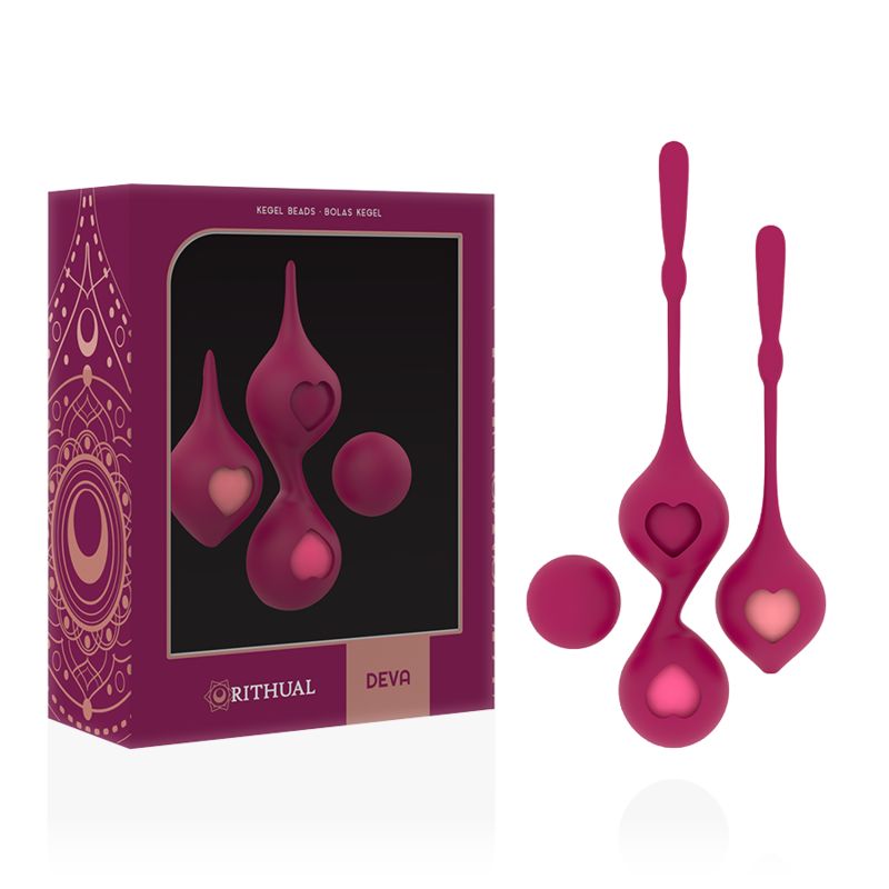 Confezione e due palline di Venere rosa con foro a cuore. La confezione mostra il logo Rithual Deva.