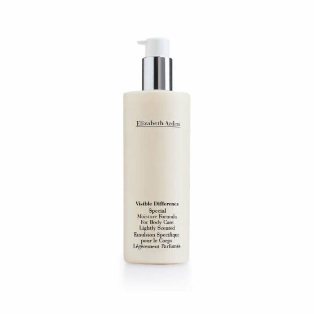 Flacone beige con erogatore argentato. Scritta: Elizabeth Arden, Visible Difference, Special Moisture Formula.