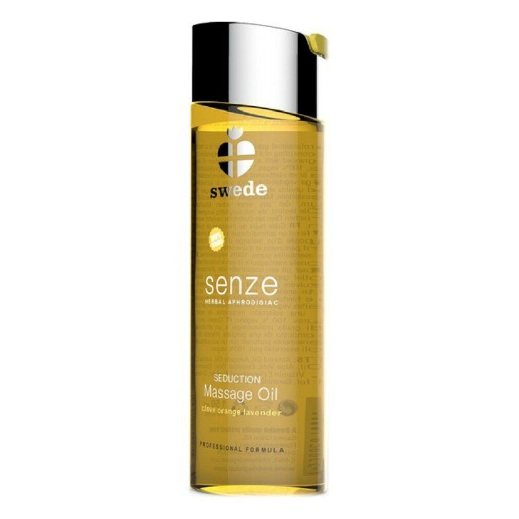 Flacone cilindrico di olio per massaggio. Scritte: Swede, Senze, Massage Oil. Tappo argentato con chiusura gialla.