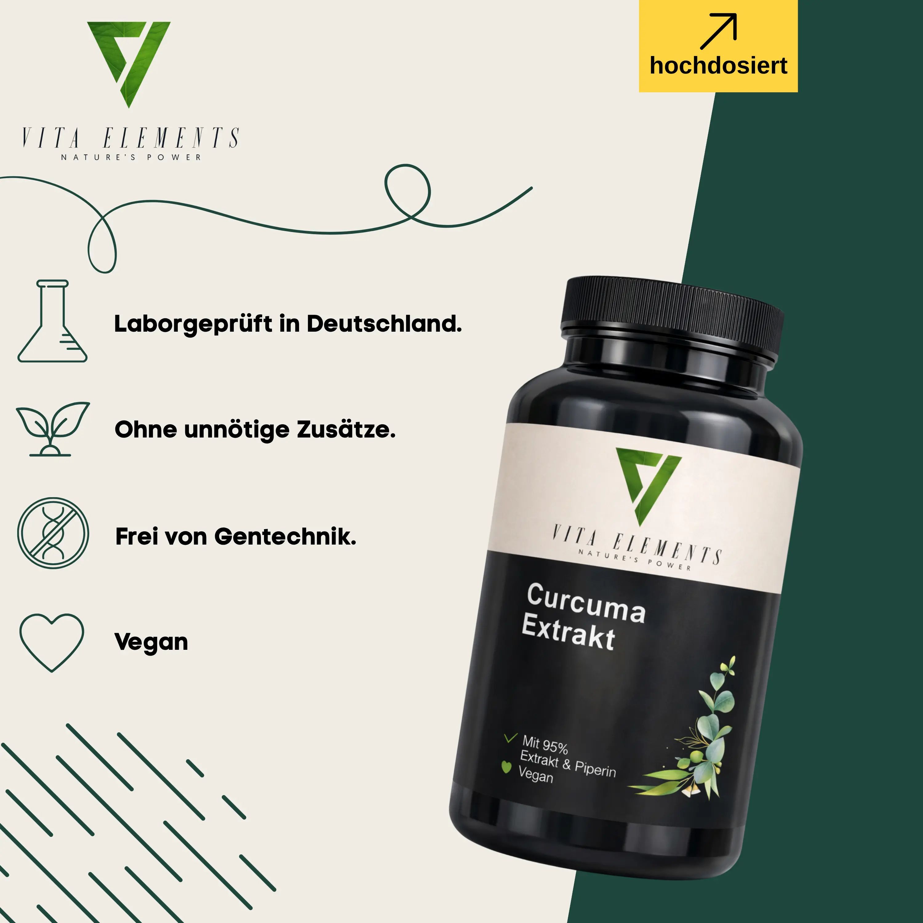Vita Elements Curcuma Estratto: Testato in laboratorio in Germania, senza additivi inutili, senza OGM, vegano. Barattolo con motivo a foglie.