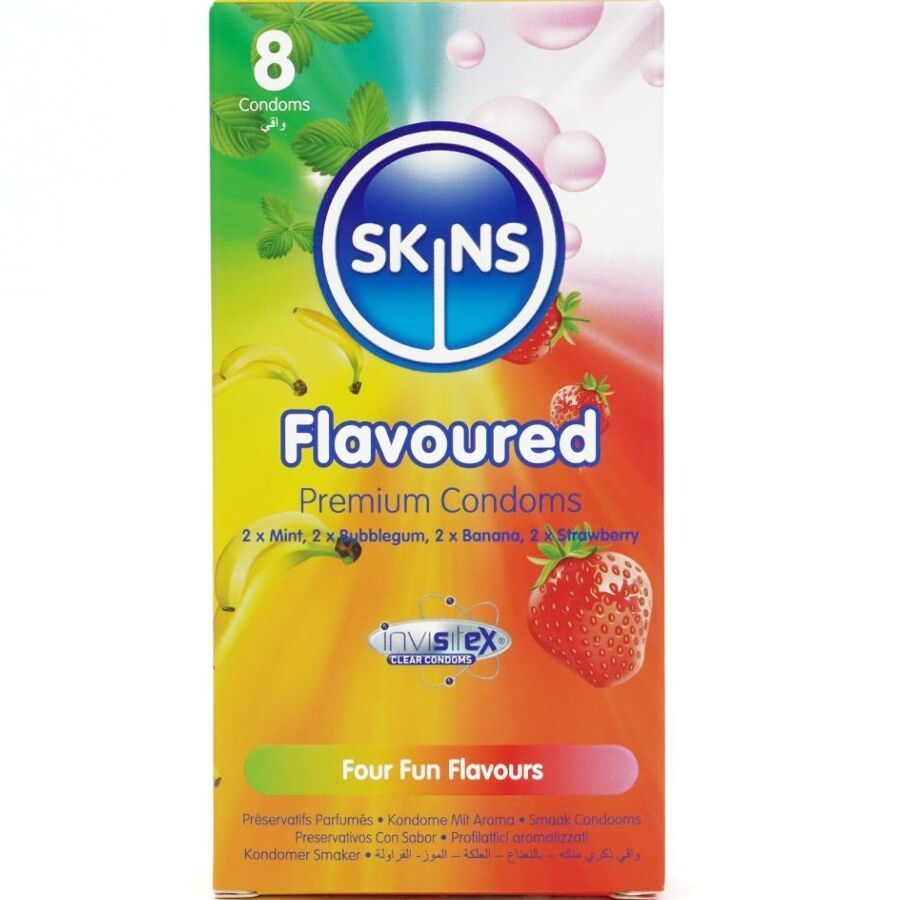 Confezione da 8 preservativi Skins Flavoured Premium. Mostra frutta e foglie di menta per rappresentare i gusti.