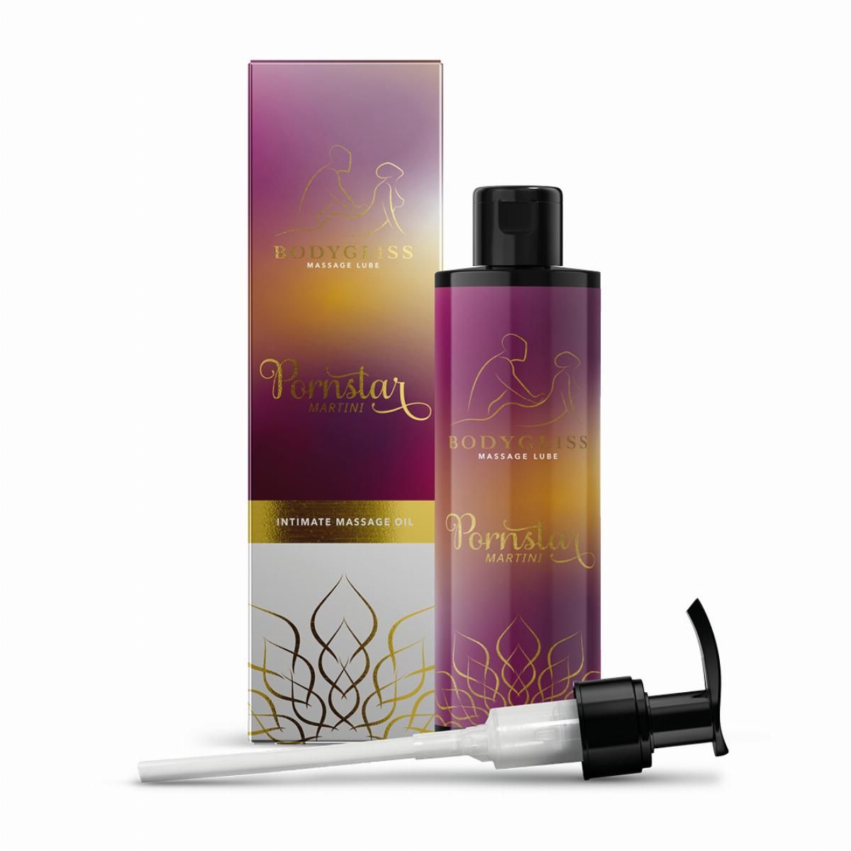 Flacone BodyGliss Massage Lube Pornstar Martini con confezione e pompa dosatrice, stilizzato e decorato in oro.