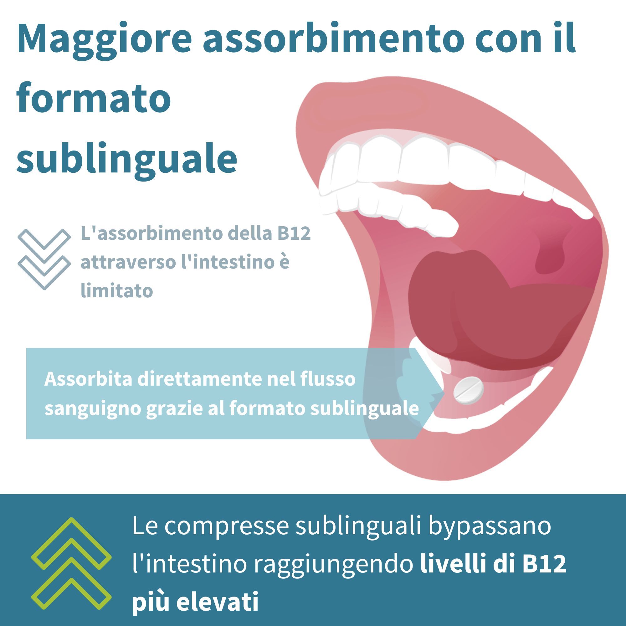 Bocca con lingua e compressa. Testo: Le compresse sublinguali bypassano l'intestino e raggiungono livelli di B12 più elevati.