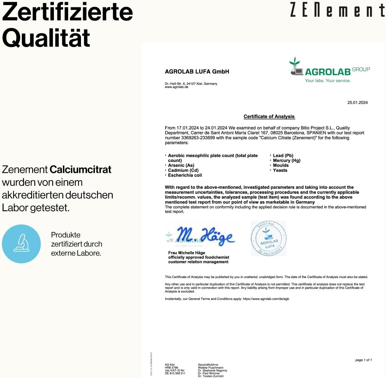 Documento di certificazione di Agrolab LUFA GmbH. Testo: Zenement Calciumcitrat testato da un laboratorio tedesco accreditato.