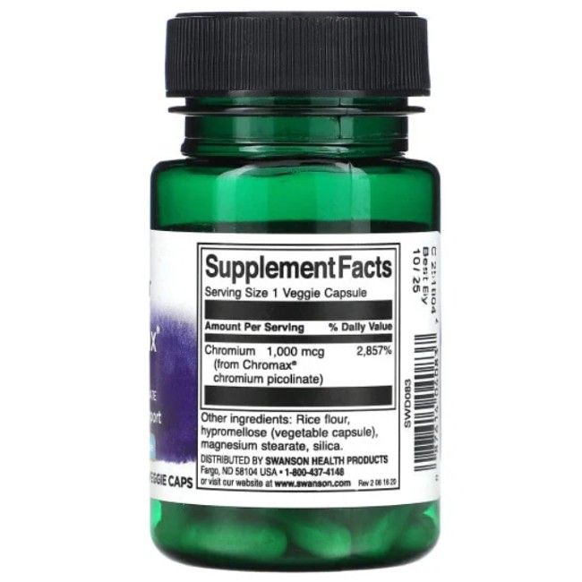 Retro del flacone verde. Etichetta con informazioni nutrizionali: Cromo 1.000 mcg. Ingredienti, informazioni produttore.