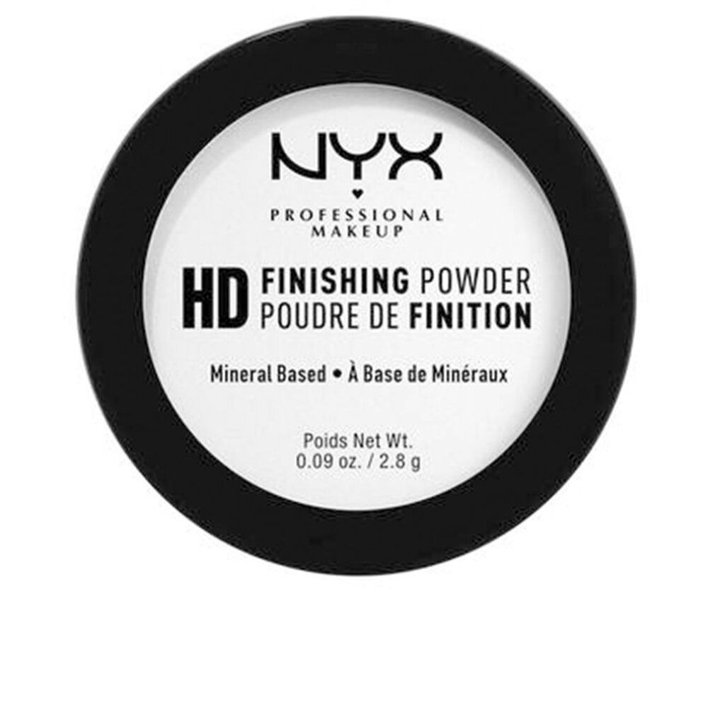 Confezione rotonda di polvere bianca. Coperchio nero con testo bianco: NYX Professional Makeup, HD Finishing Powder. Base minerale.