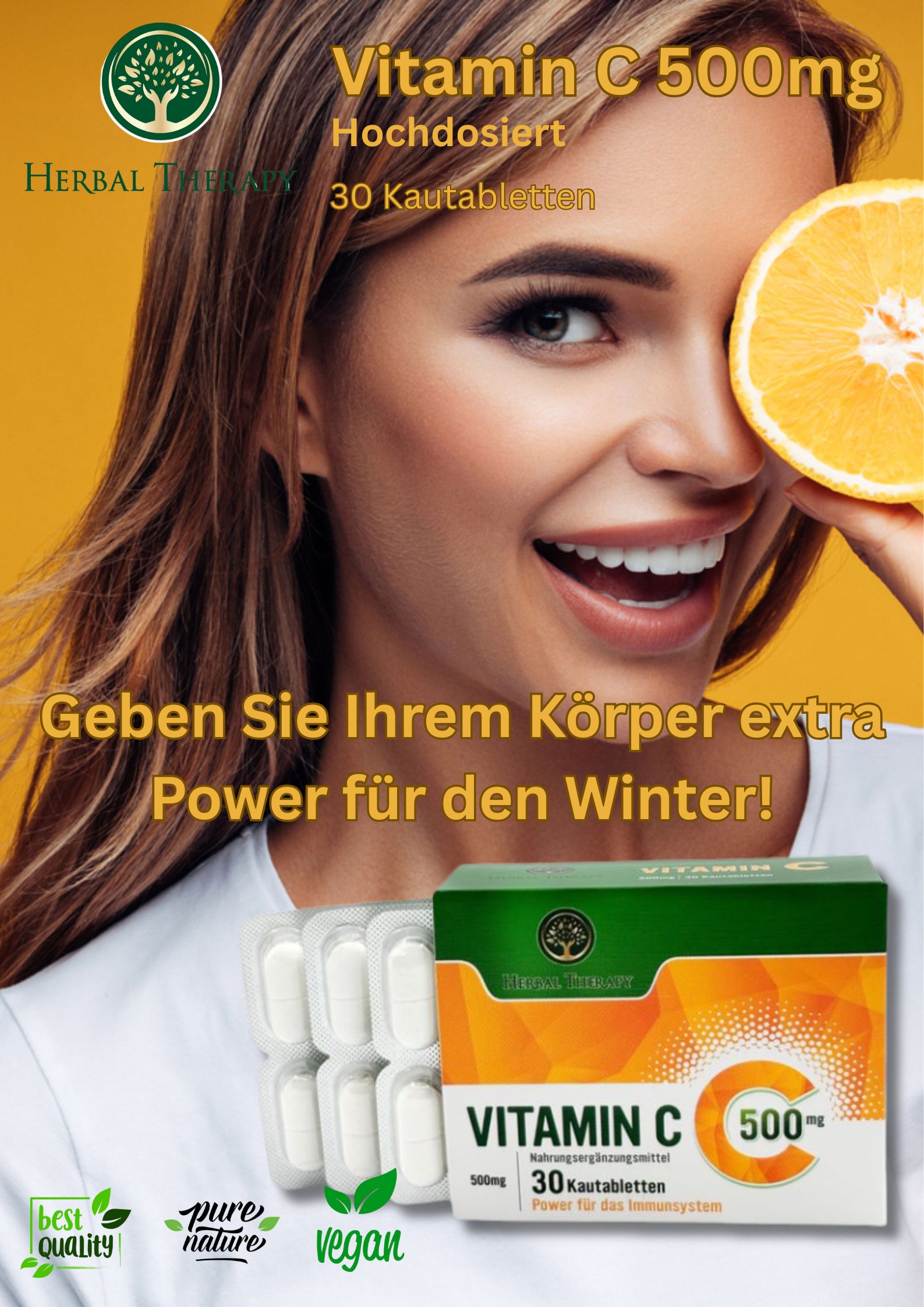 Donna sorridente con arancia. Scatola di vitamina C 500 mg e blister. Vegan, Best Quality, Pure Nature.