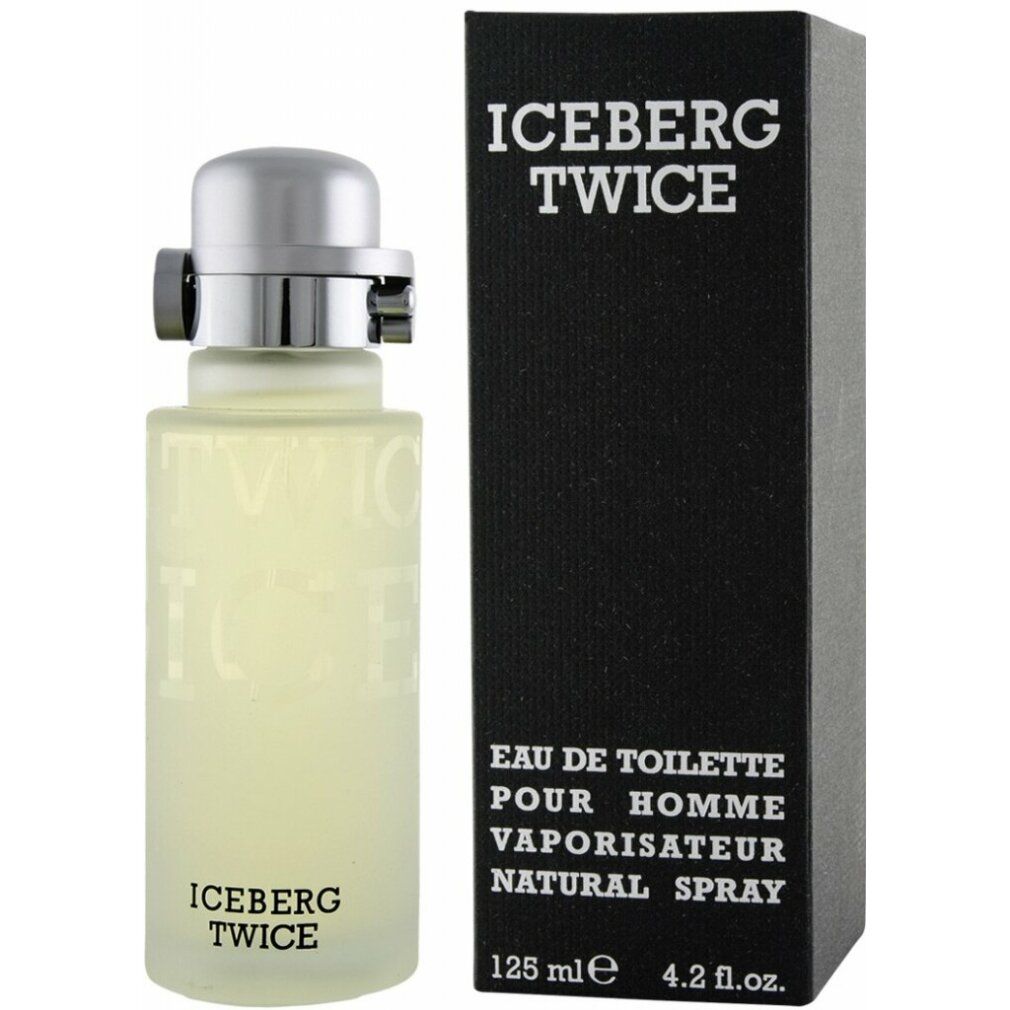 Flacone e scatola. Flacone con tappo argentato. Scatola nera con scritta bianca ICEBERG TWICE. Testo: Eau de Toilette Pour Homme, Vaporisateur.
