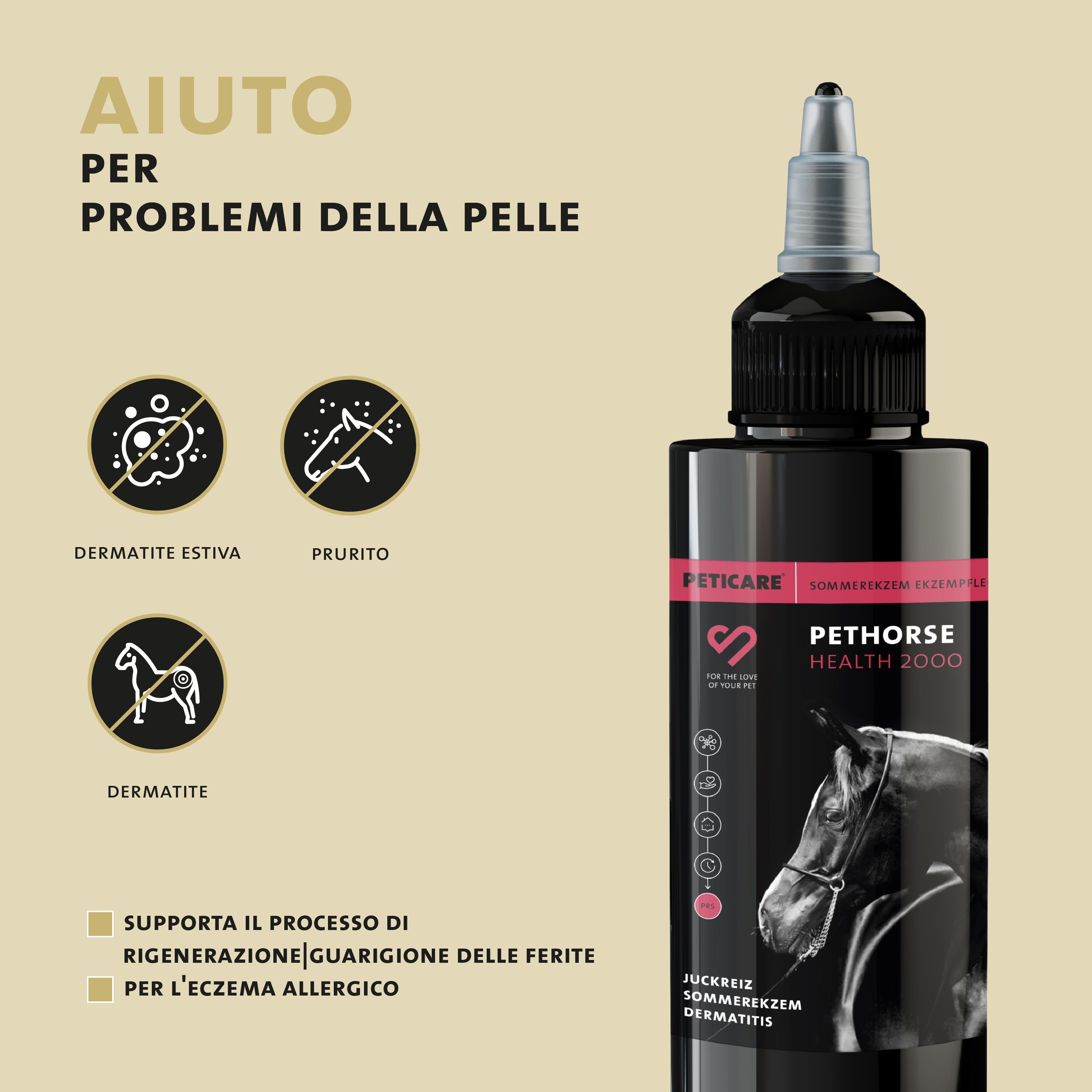 Flacone nero con beccuccio dosatore. Testo: Pethorse Health 2000. Aiuto per problemi della pelle. Icone: eczema, prurito, dermatite.