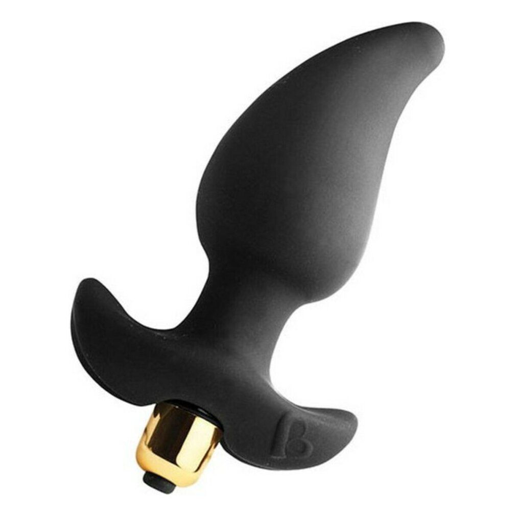 Plug anale nero, forma anatomica, base dorata. Materiale: silicone. Logo visibile.
