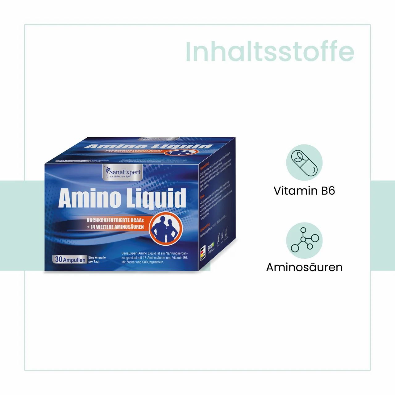 Confezione blu e bianca di SanaExpert Amino Liquid. Contiene 30 fiale. Scritta: Aminoacidi e vitamina B6.