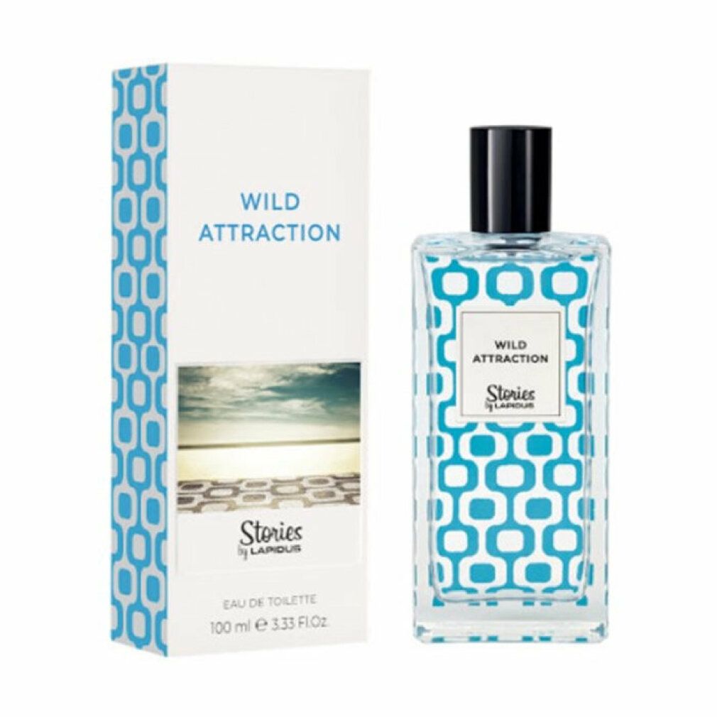 Flacone e confezione Eau de Toilette Wild Attraction. Flacone rettangolare con tappo nero. Confezione con motivo blu e nome del prodotto.