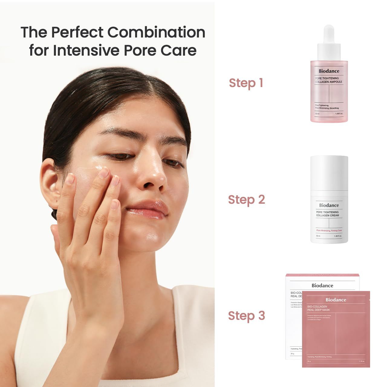 Donna applica crema. Prodotti: Biodance Pore Tightening Collagen Ampoule, crema e maschera. Passaggi 1, 2 e 3.