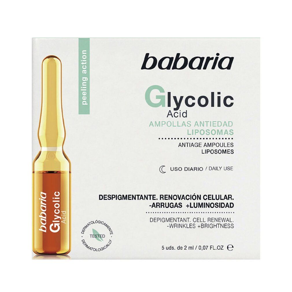 Confezione di fiale Babaria Glycolic Acid. Contiene una fiala e informazioni sul prodotto. Dermatologicamente testato.