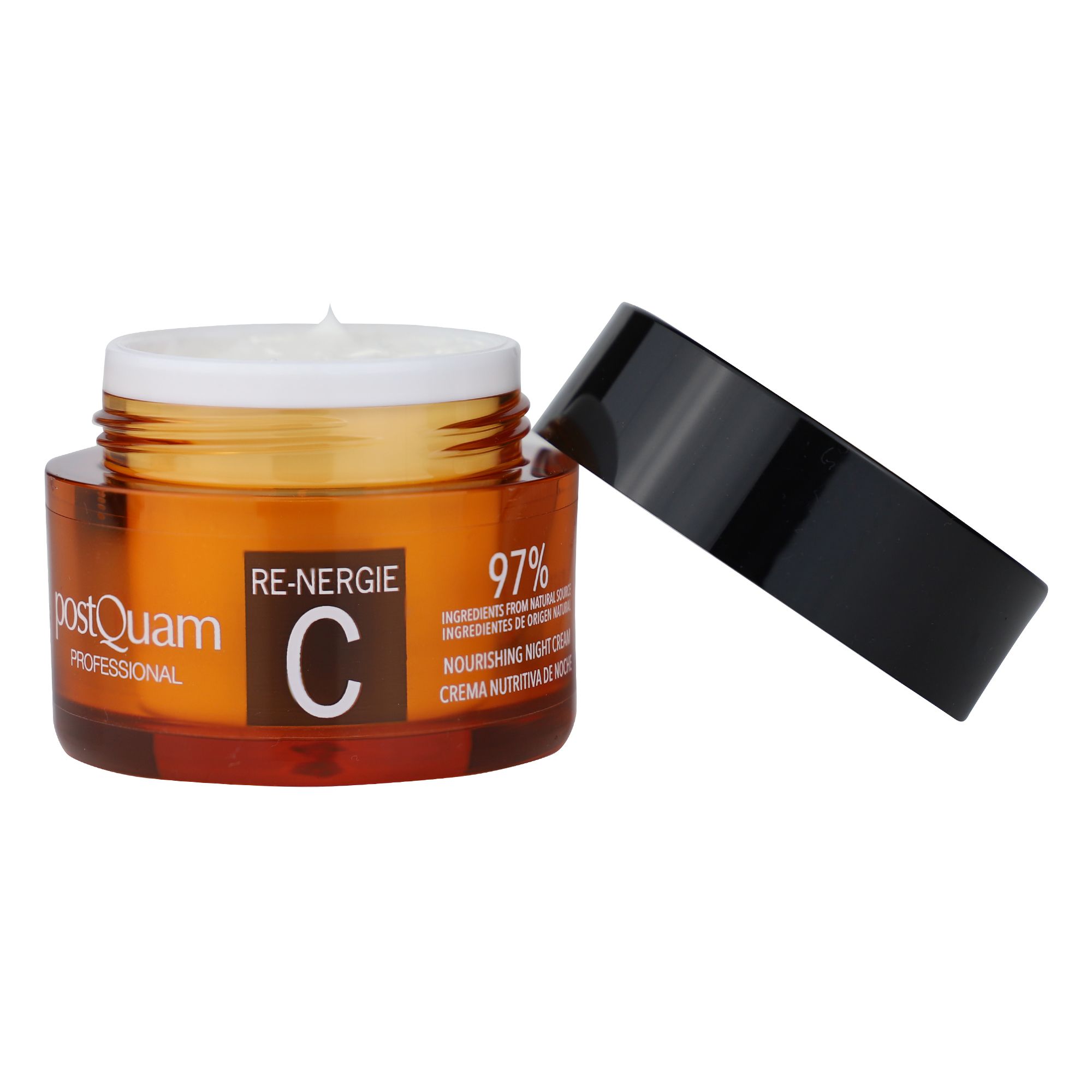 Vaso di crema con coperchio aperto. Scritta: PostQuam, Re-Nergie C, 97% ingredienti naturali. Coperchio nero.