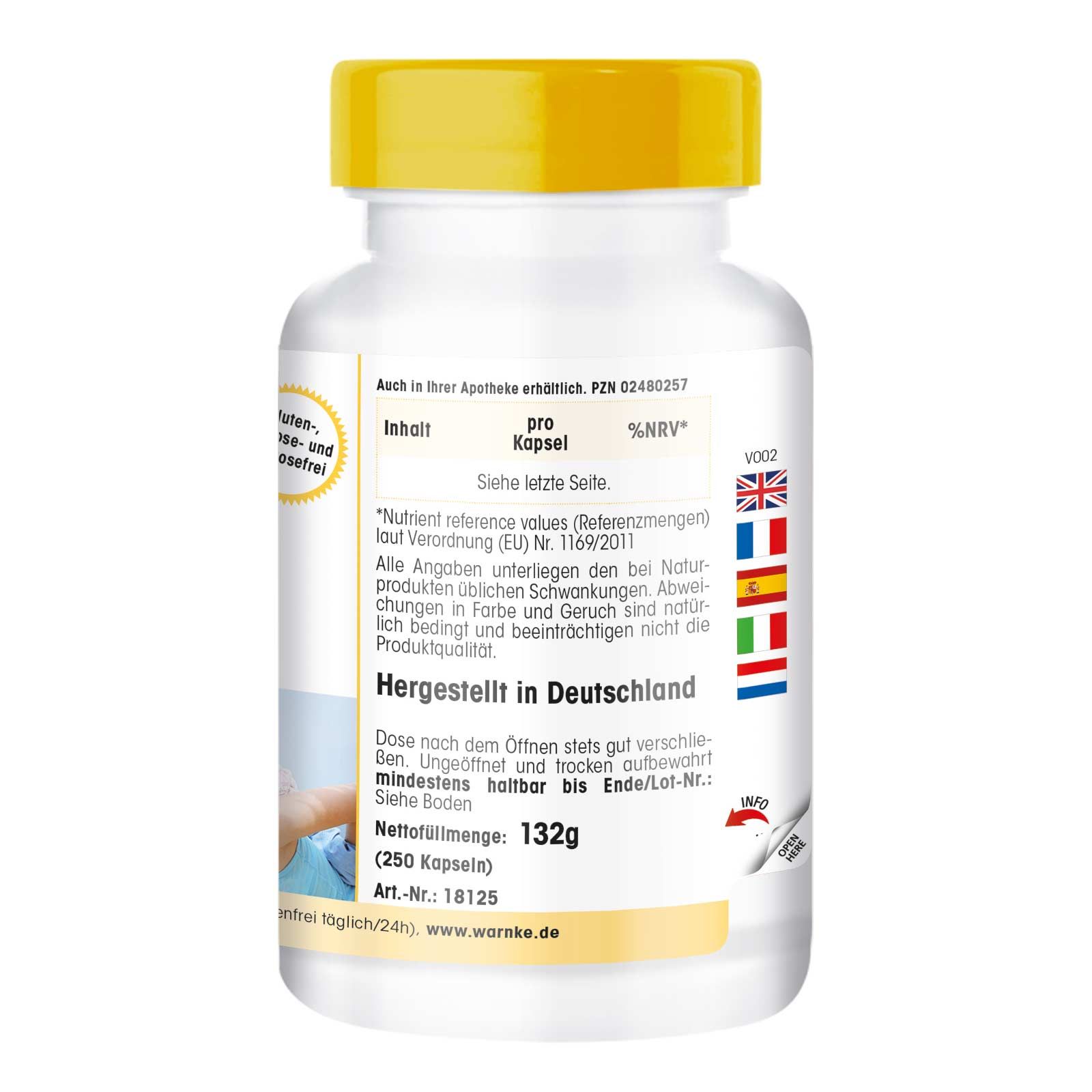 Retro del flacone. Testo: contenuto, per %VNR, prodotto in Germania. Peso netto: 132g (250 capsule).