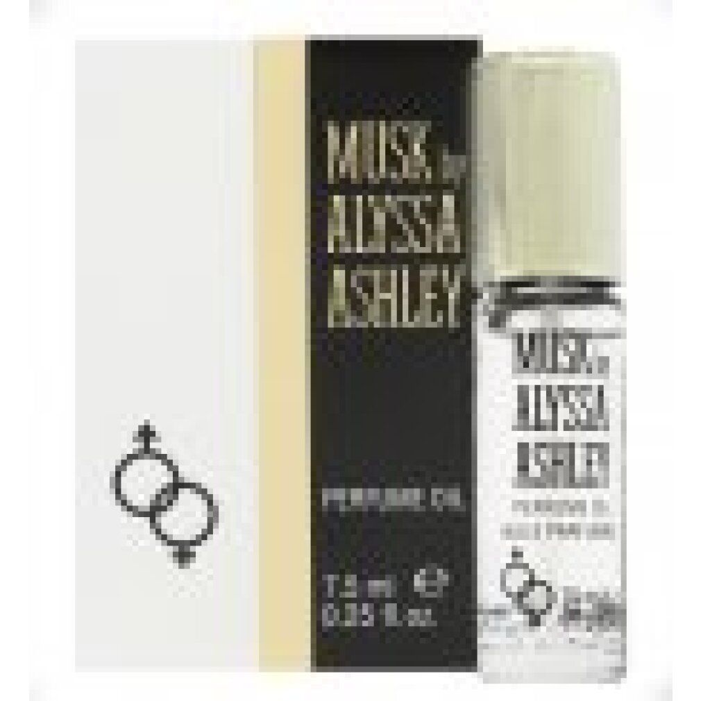 Flacone di olio profumato e confezione. Scritta nera e oro: MUSK by ALYSSA ASHLEY. 7,5 ml. Simboli uomo e donna.