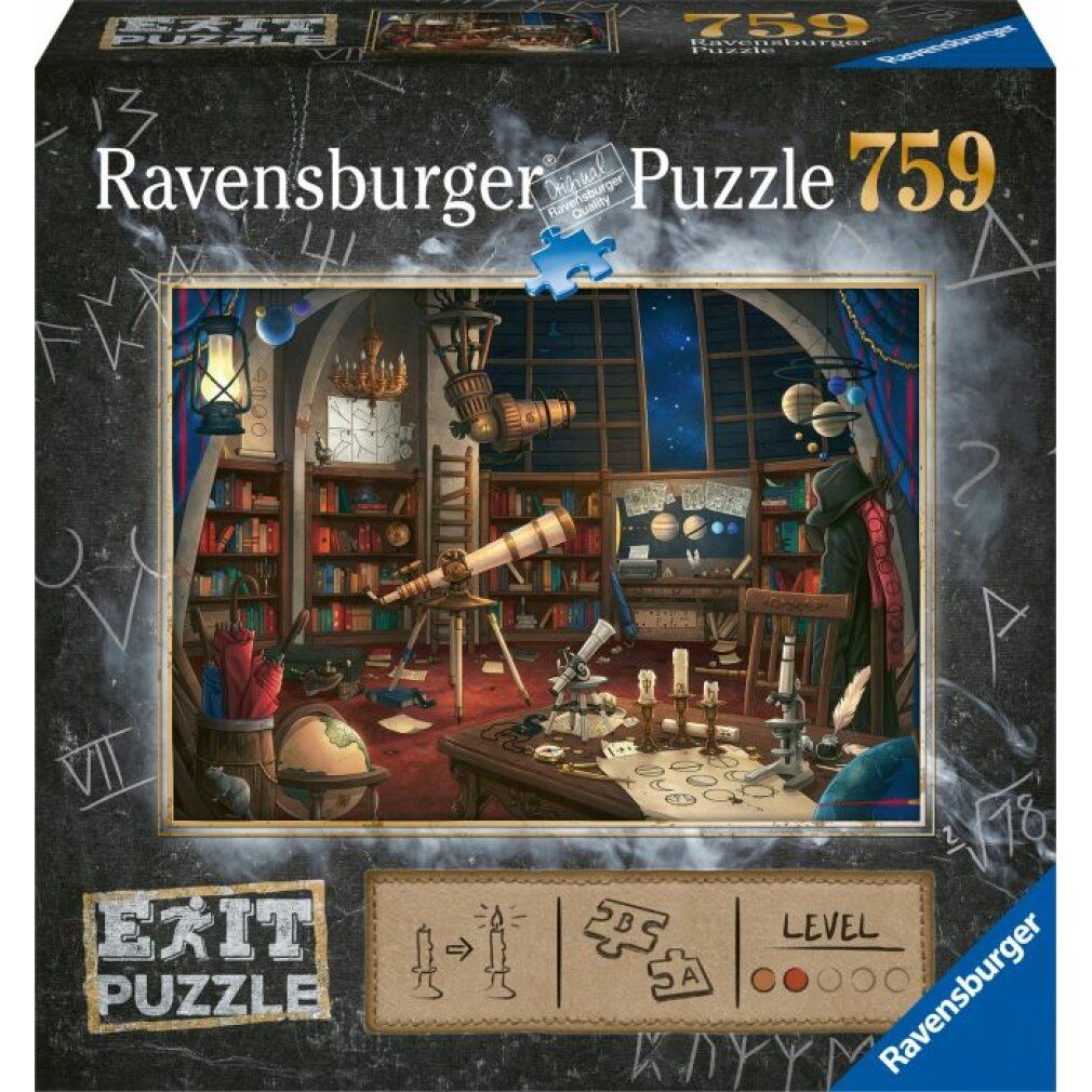 Scatola puzzle "Ravensburger Puzzle 759". L'immagine mostra un osservatorio. Sotto, "EXIT PUZZLE" e "LEVEL".