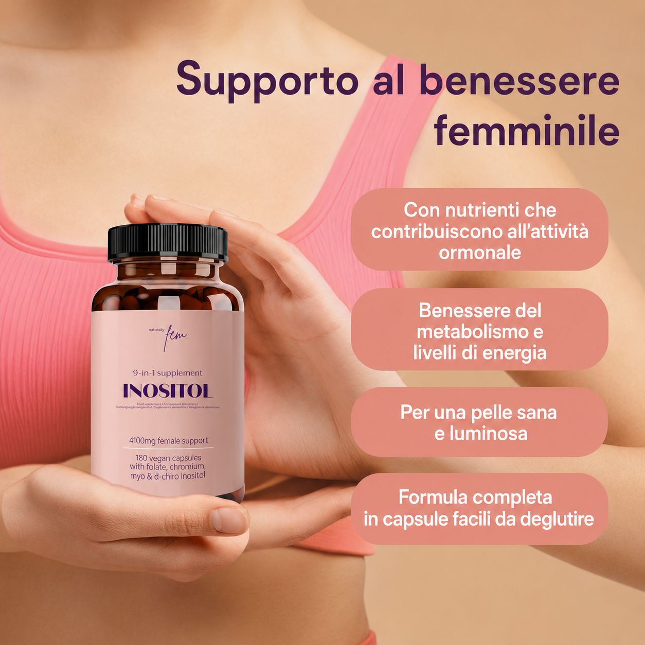 Bottiglia con etichetta rosa, tenuta in mano, con testo sul benessere femminile.