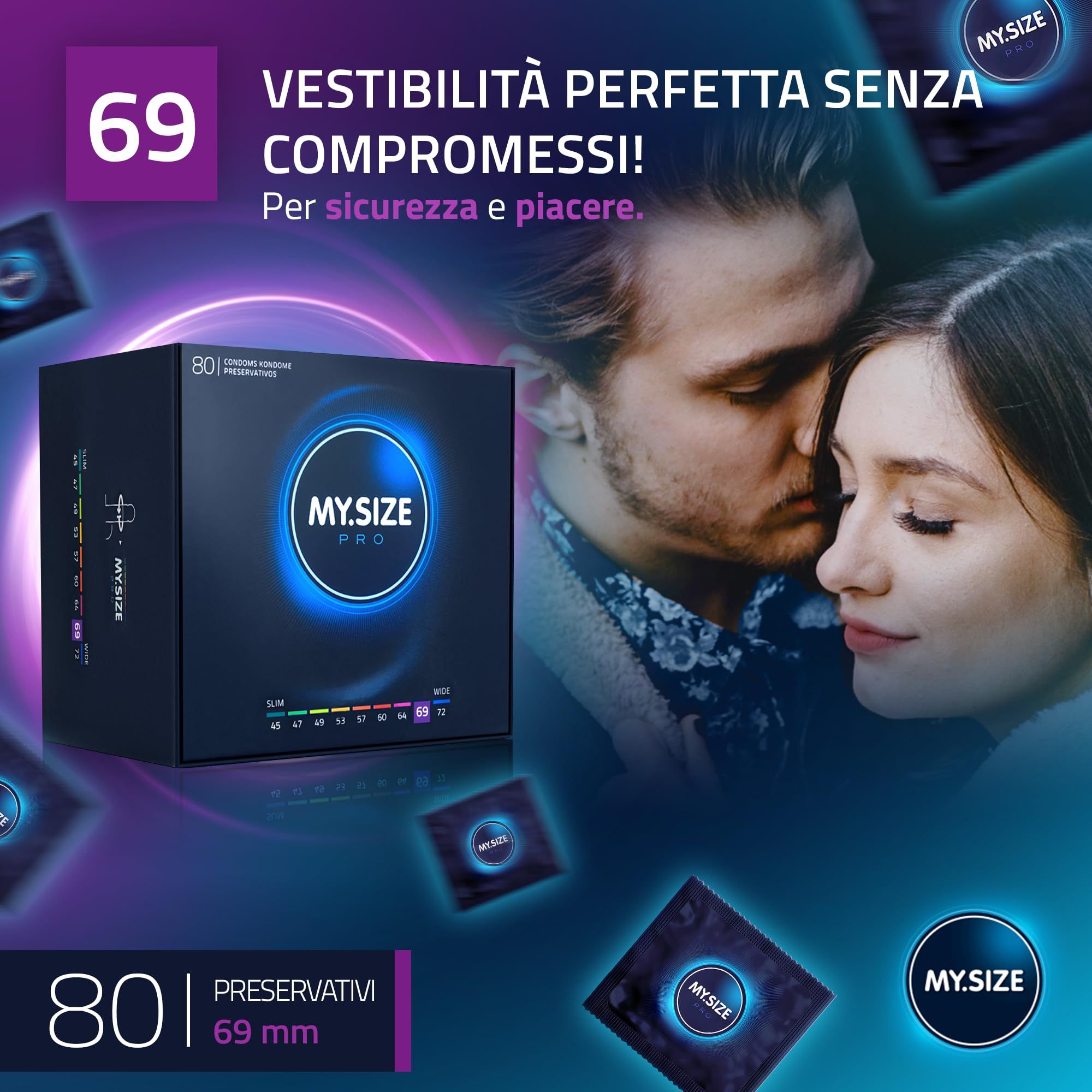 Confezione di preservativi My.Size Pro, 80 pezzi, misura 69 mm.