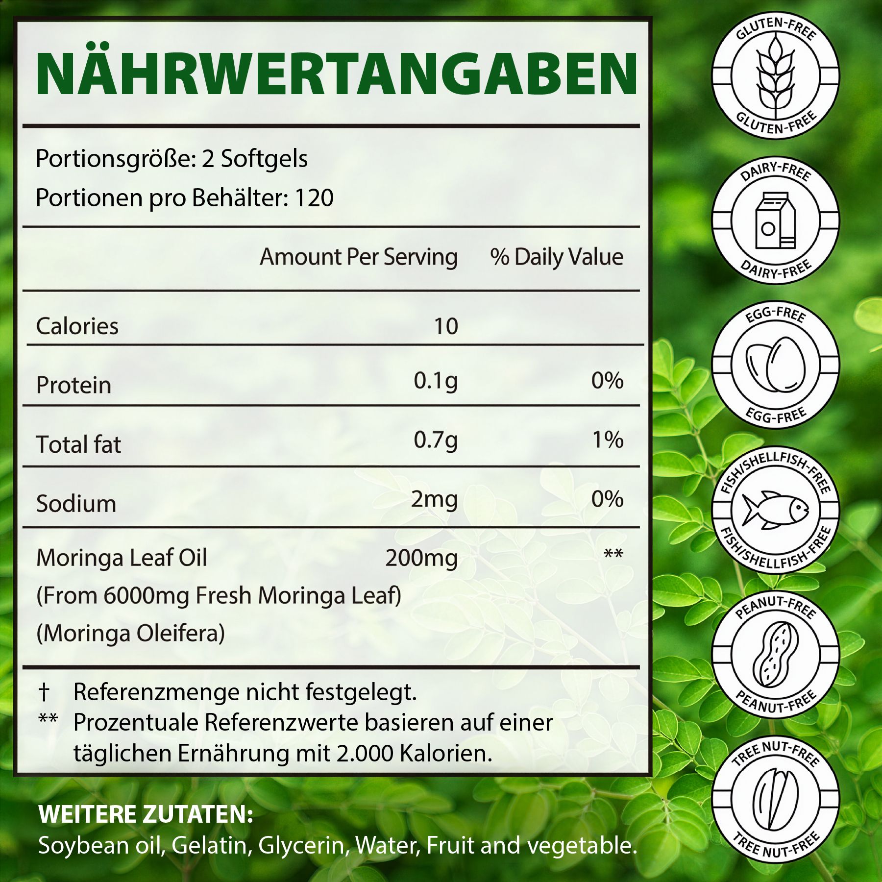 Informazioni nutrizionali. Per porzione: 2 softgel. Calorie: 10. Grassi: 0,7 g. Sodio: 2 mg. Olio di Moringa: 200 mg.