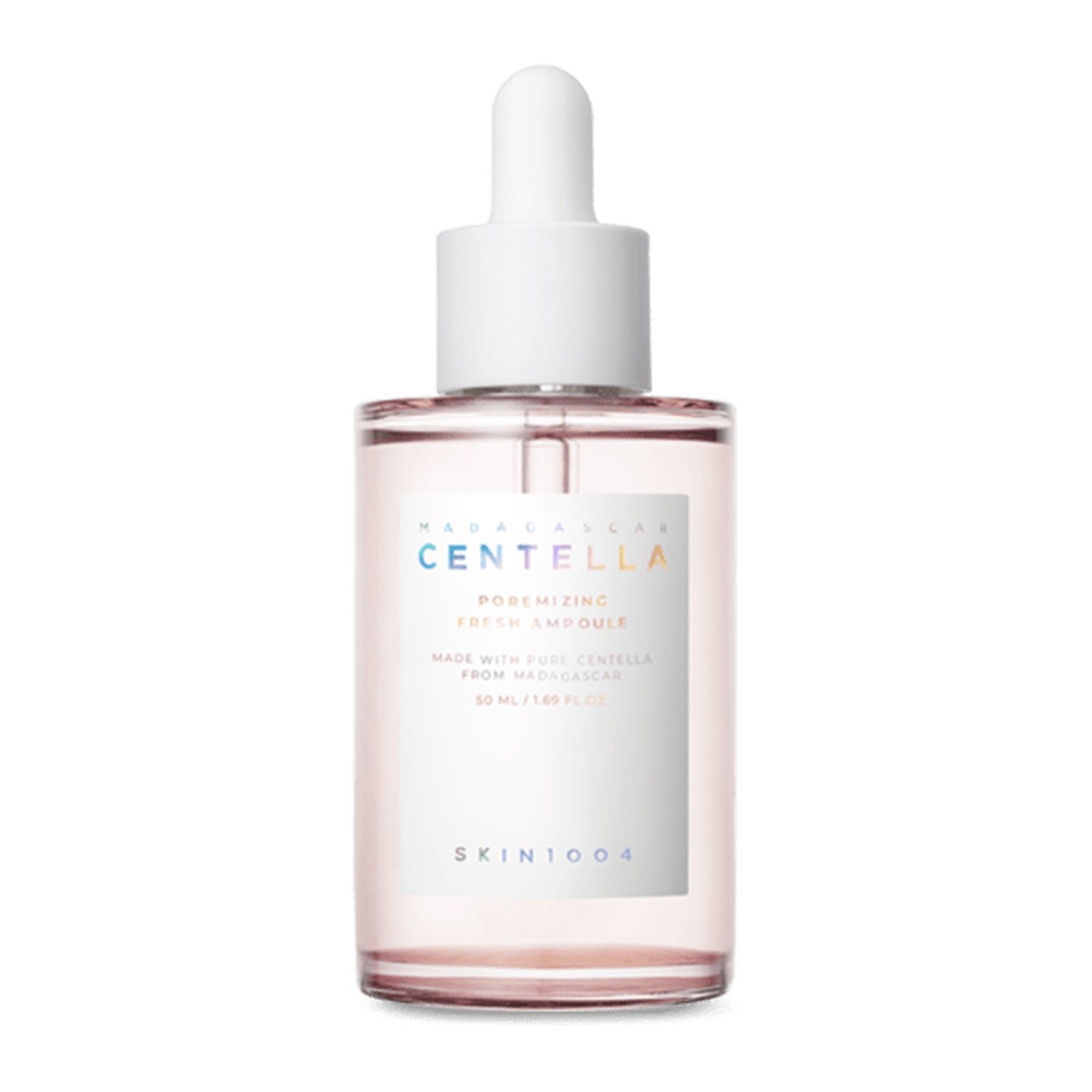Grande bottiglia di vetro con contagocce, riempita di liquido rosato. Etichetta con 'Centella Poremizing Fresh Ampoule', 100 ml.