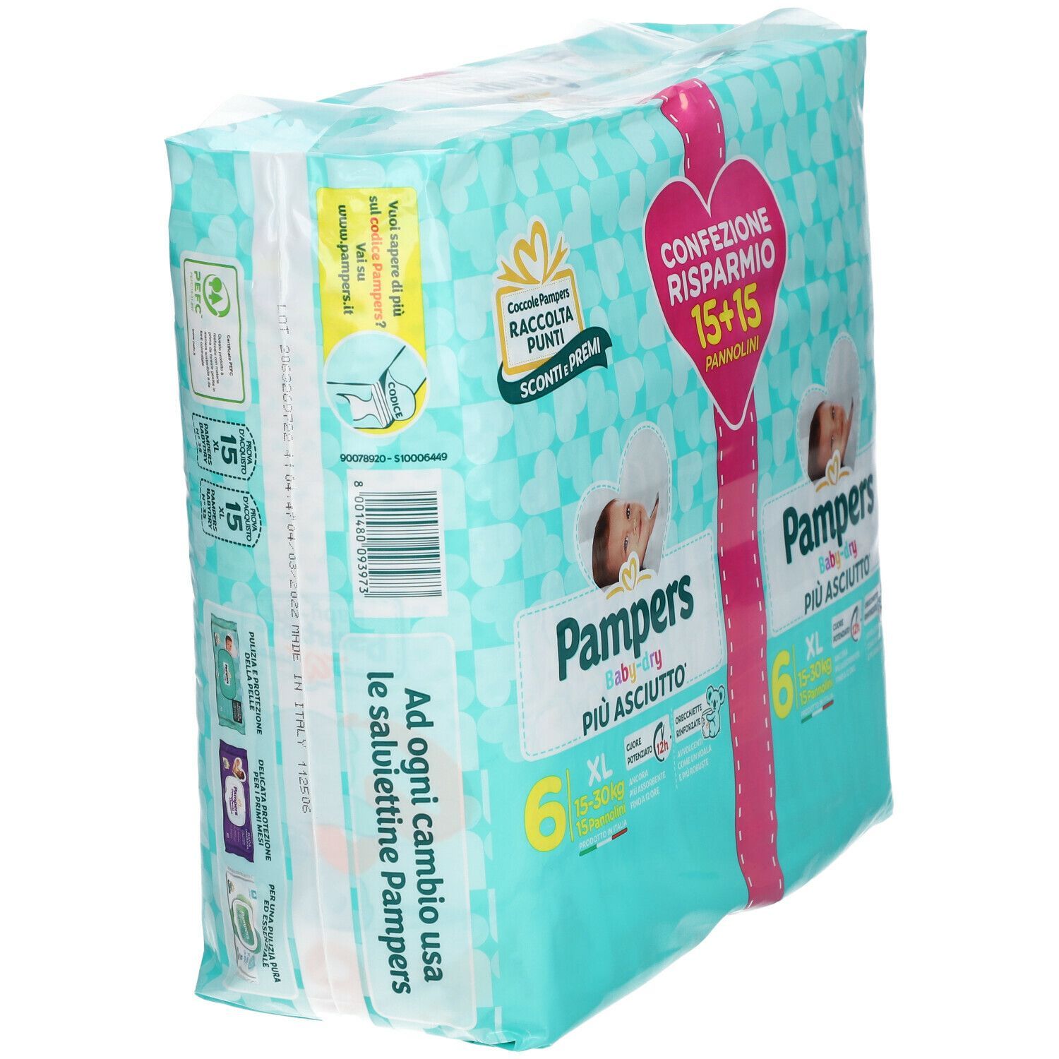 Confezione Pampers Baby Dry XL Duo. Confezione turchese. Scritte: Pampers, Baby, pannolini, taglia 6, 15+15, illustrazioni di bambini.