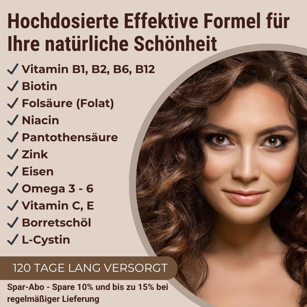Elenco ingredienti, tra cui vitamine e minerali. Donna con lunghi capelli castani. Testo: Formula ad alta dose per la bellezza naturale.