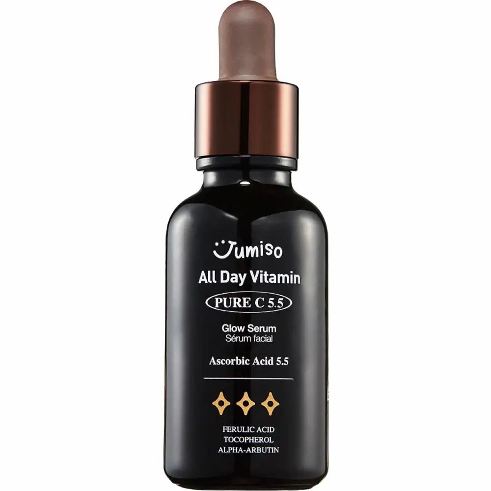Flacone di vetro scuro con tappo e contagocce marrone. Scritta: JUMISO All Day Vitamin Pure C 5.5 Glow Serum.
