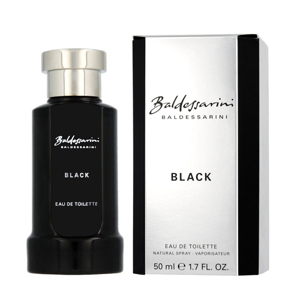 Flacone Baldessarini Black Eau de Toilette 50ml accanto alla sua confezione argentata e nera.