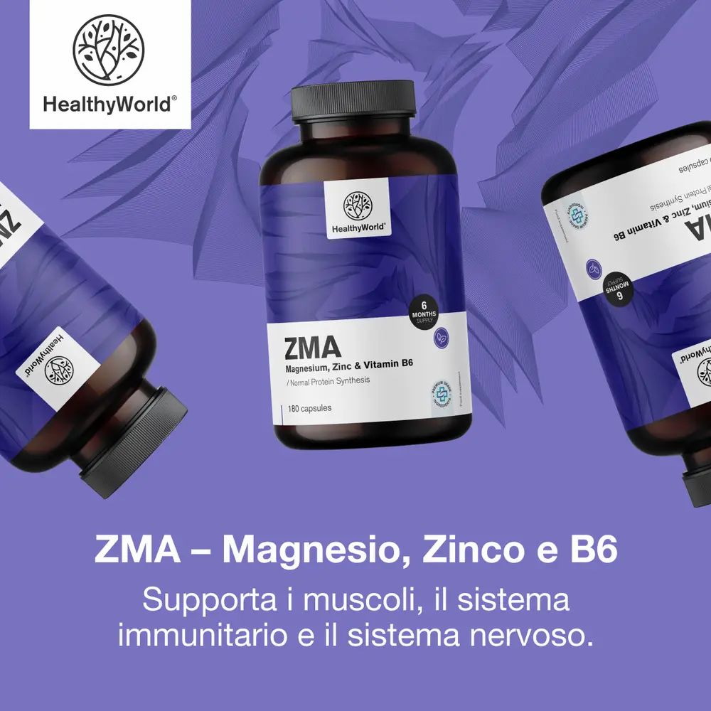 Tre flaconi di capsule ZMA. Testo: ZMA - Magnesio, Zinco e B6. Supportano muscoli, sistema immunitario e nervoso.