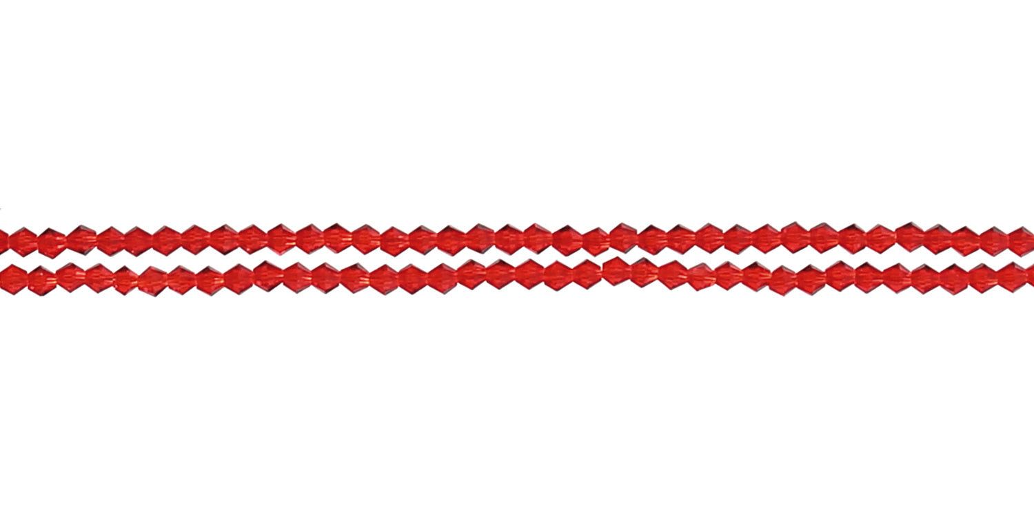 Catenina per occhiali rossa con perline sfaccettate. Tre fili affiancati.