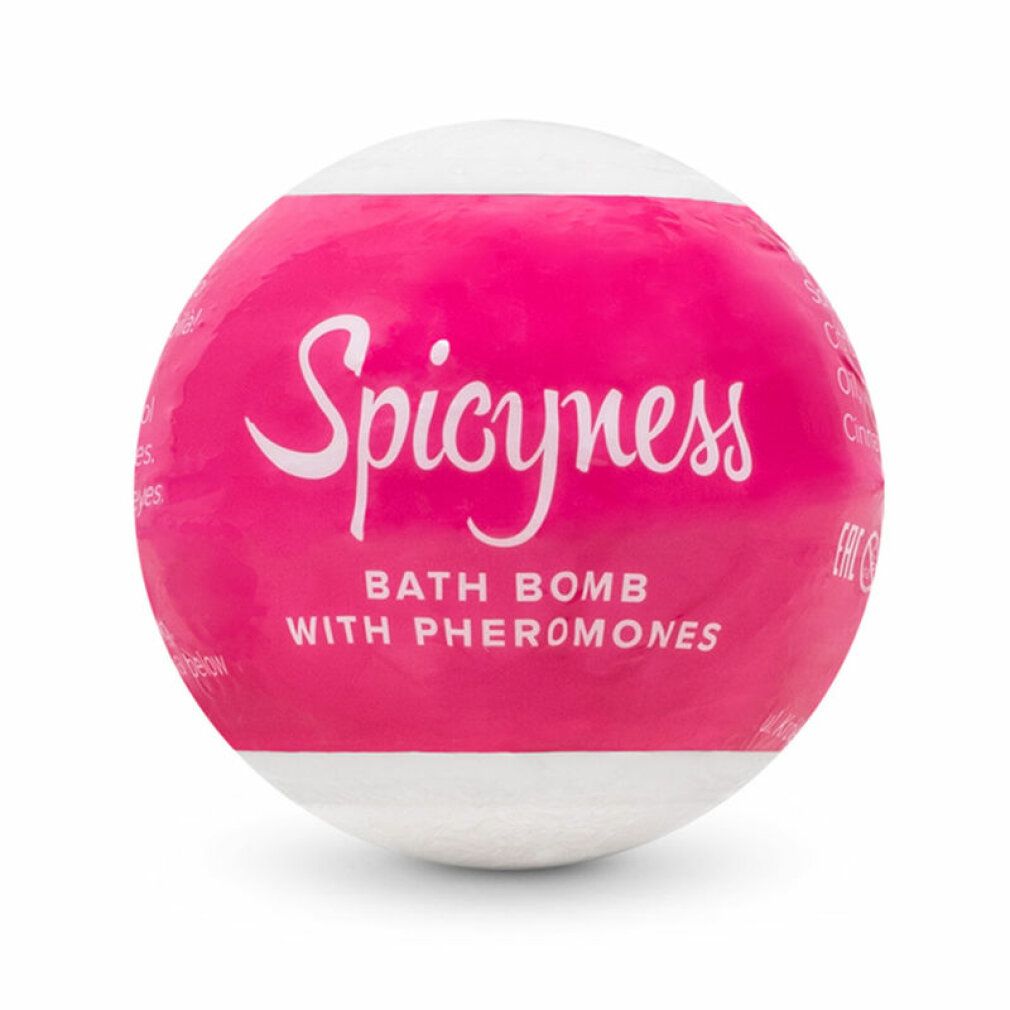 Bomba da bagno rotonda, bianca e rosa. Scritta "Spicyness", "Bath Bomb with Pheromones".
