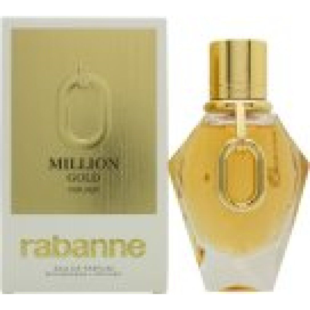 Flacone e confezione dorati. Scritta: Million Gold For Her, Rabanne.