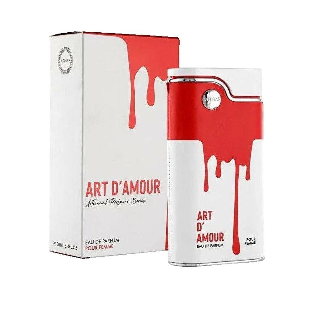 Flacone di profumo e confezione. Flacone bianco con design rosso. Scritta 'ART D'AMOUR'. Scatola bianca con design rosso.