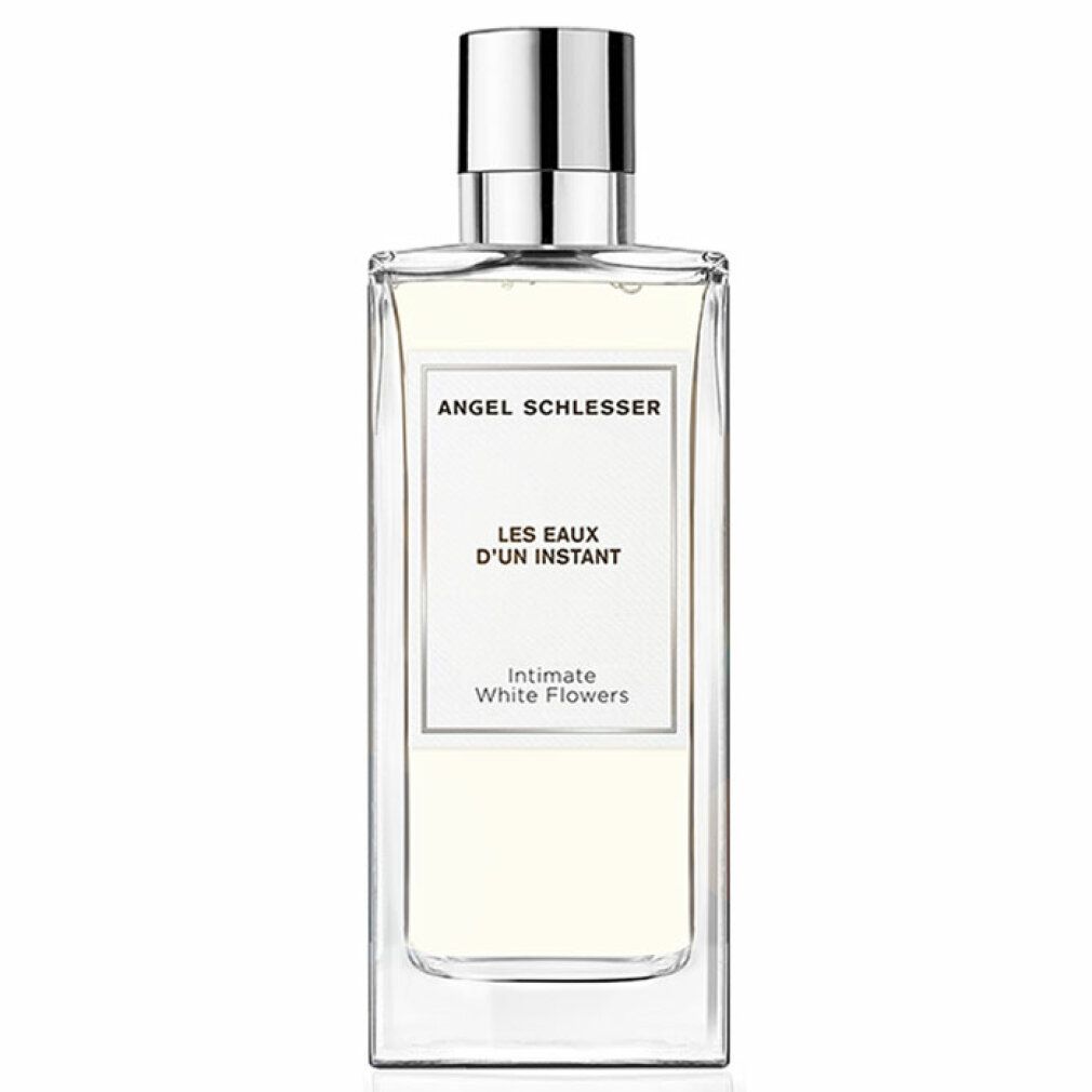 Flacone rettangolare con tappo argentato. Scritta: Angel Schlesser, Les Eaux d'Un Instant, Intimate White Flowers.