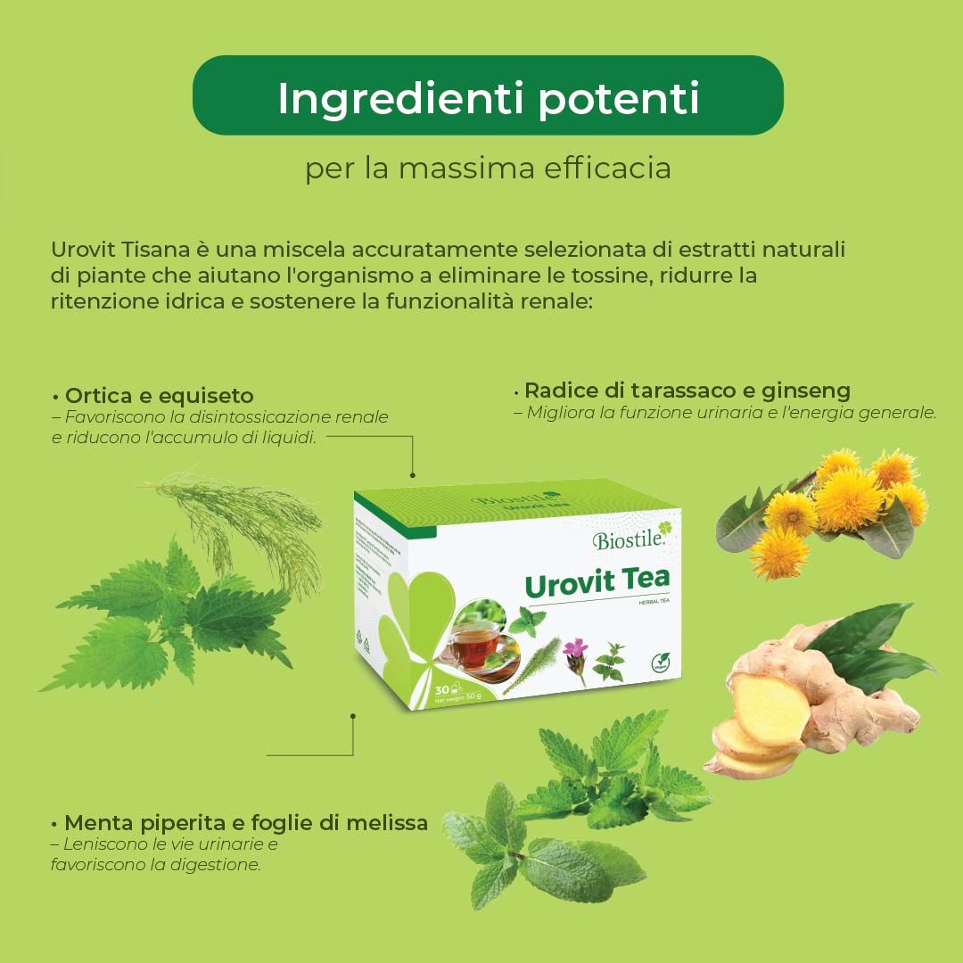 Confezione di tè Biostile Urovit con erbe. Ingredienti: ortica, equiseto, tarassaco, ginseng, menta piperita, foglie di melissa.