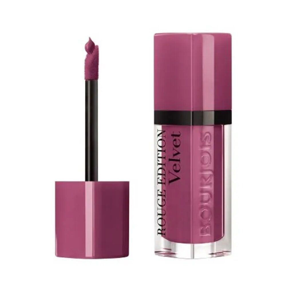 Rossetto con applicatore. Scritta: Bourjois Rouge Edition Velvet. Colore: rosa-viola.