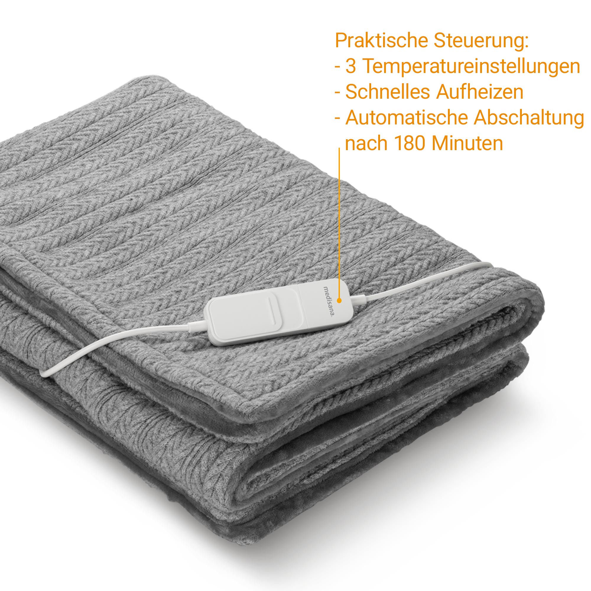 Coperta riscaldante grigia con motivo a treccia, lato inferiore morbido e telecomando bianco con cavo.