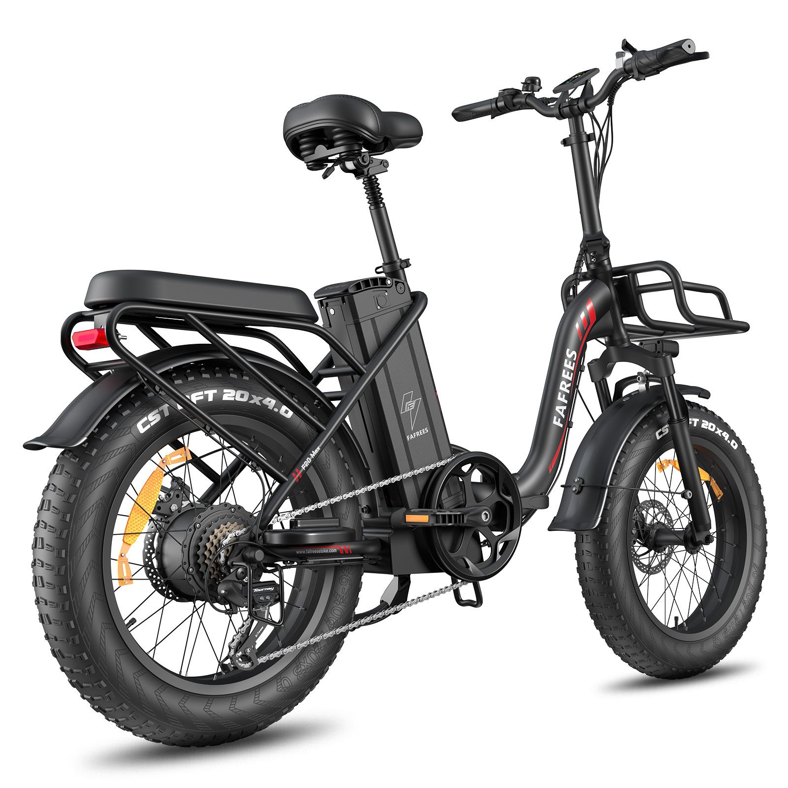 E-bike pieghevole nera con pneumatici larghi, portapacchi e cestino. Marchio FAFREES.
