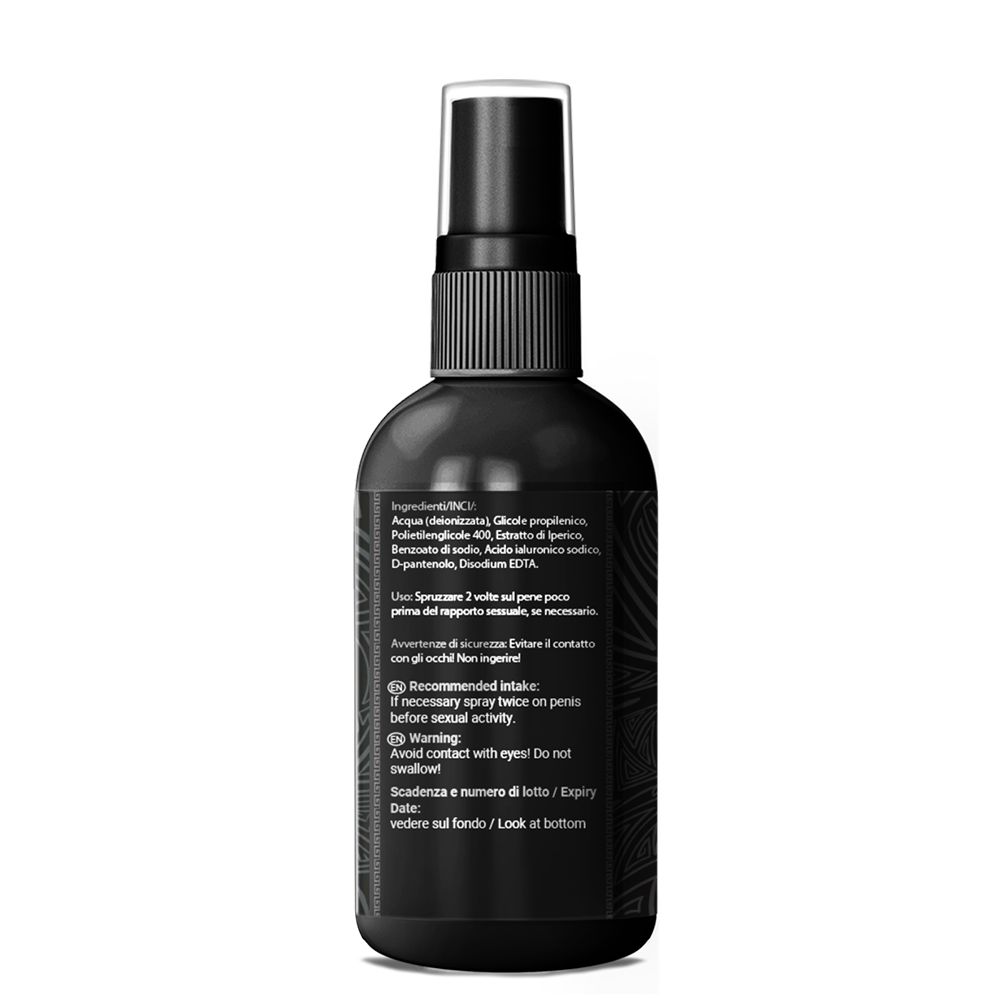 Retro di un flacone nero. Testo con ingredienti, istruzioni per l'uso e avvertenze.