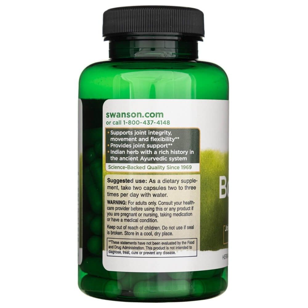 Retro di un flacone verde Swanson Boswellia Serrata con istruzioni per l'uso e avvertenze.