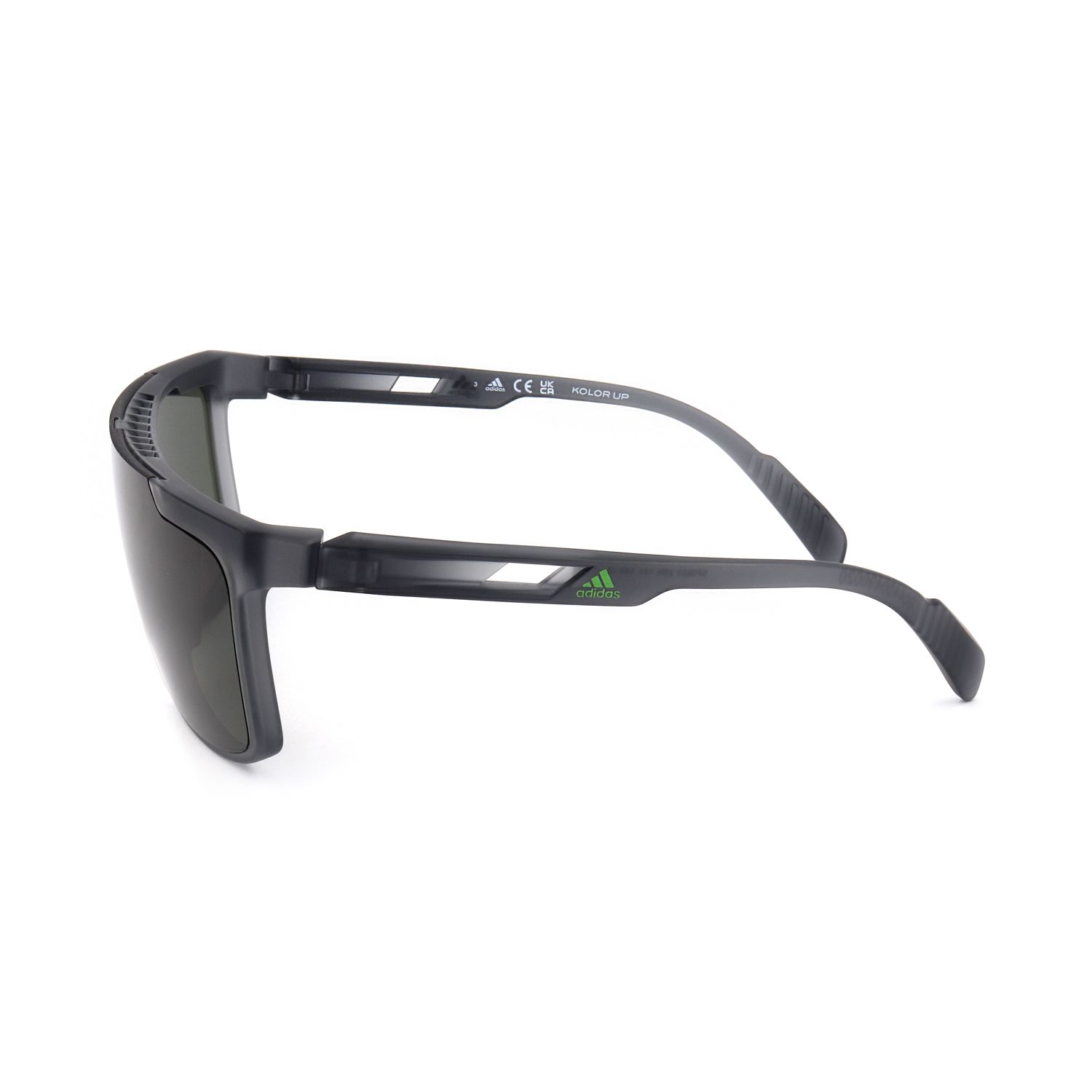 Occhiali da sole Adidas neri con logo verde e marchio CE.