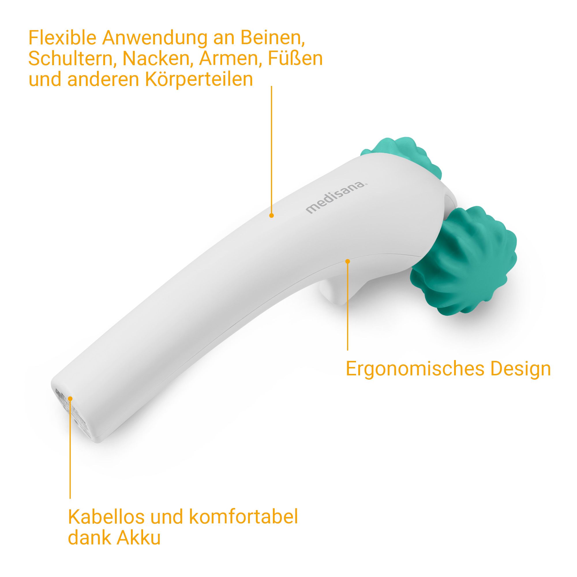 Massaggiatore manuale bianco con rulli turchesi, design ergonomico, senza fili grazie alla batteria.