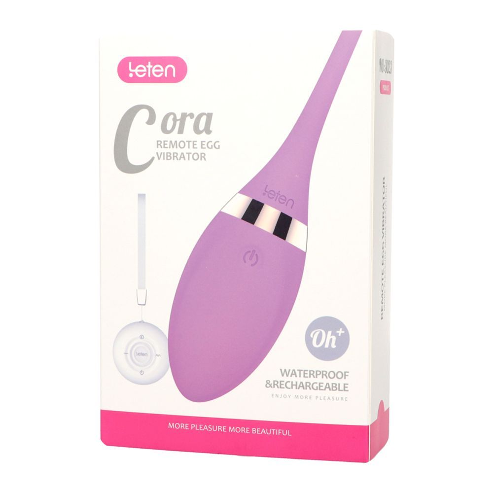 Confezione con vibratore viola. Sulla confezione c'è scritto "Cora Remote Egg Vibrator" e "Oh+".