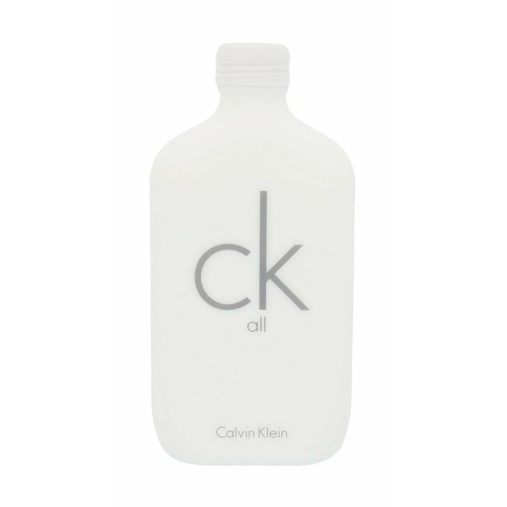 Flacone di eau de toilette bianco. Scritta: ck all, Calvin Klein. Forma del flacone: rettangolare, angoli arrotondati.