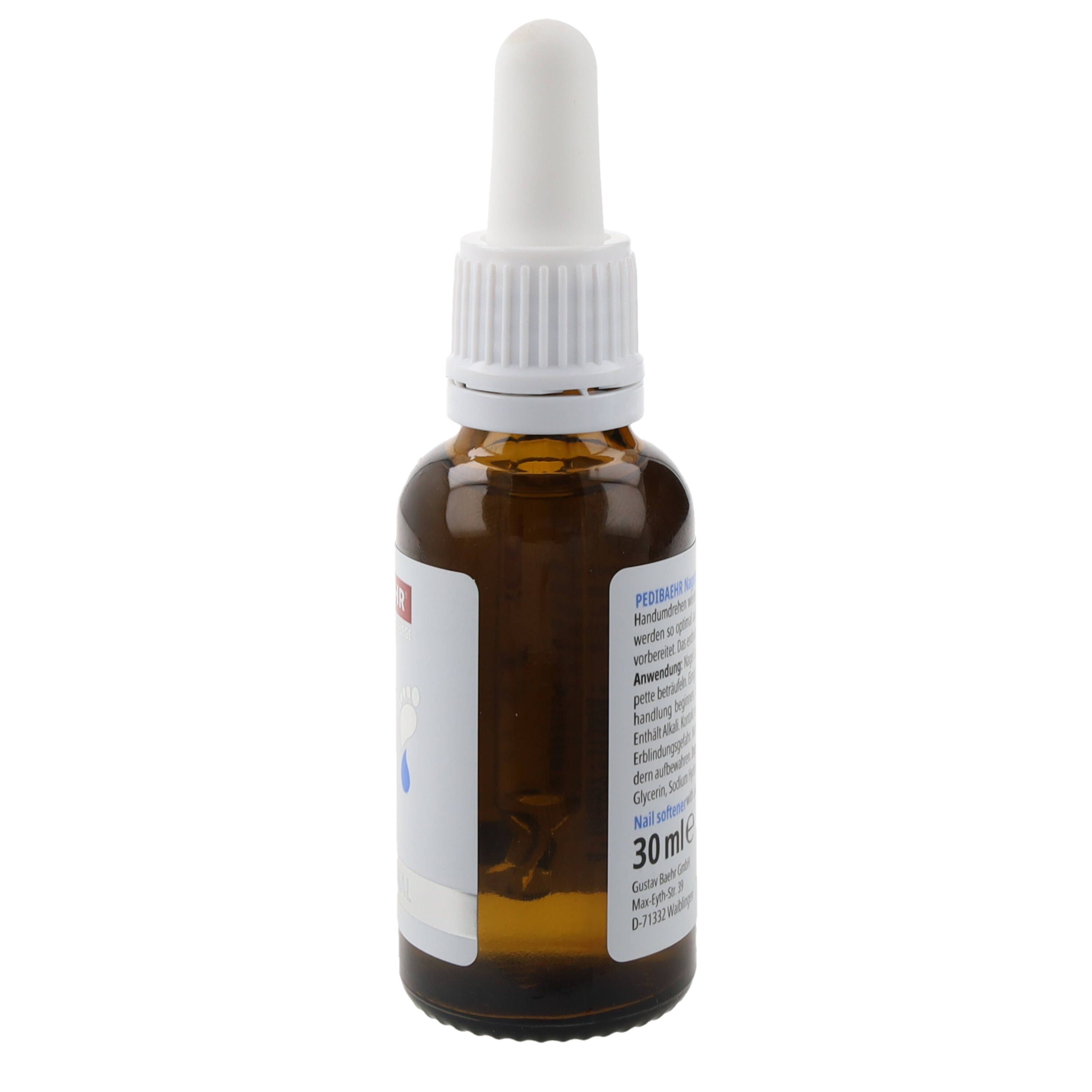 Flacone di vetro marrone con contagocce bianco. Etichetta con testo. 30 ml. Flacone in posizione verticale.