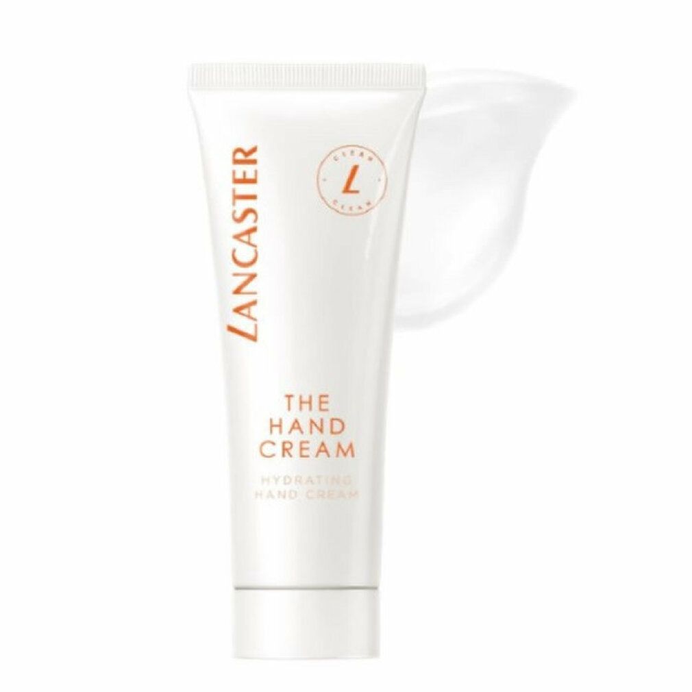 Tubo bianco con scritta "Lancaster The Hand Cream". Scritta arancione. Macchia di crema accanto.